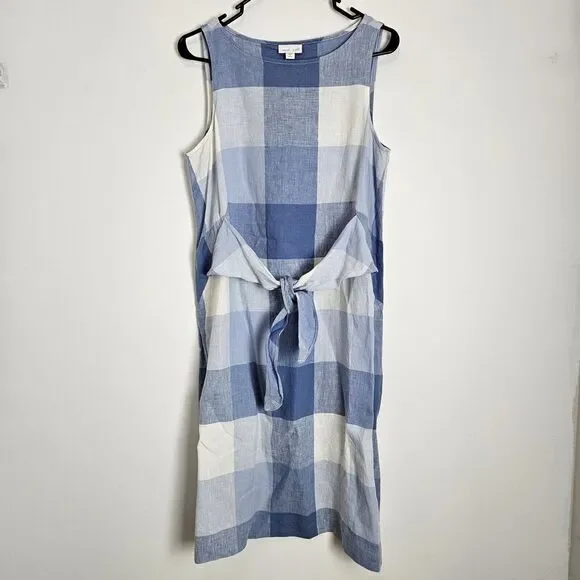 J Jill Love Linen Dress Womens PETITE Size S Check Plaid Blue White Tie Front - Picture 1 of 9